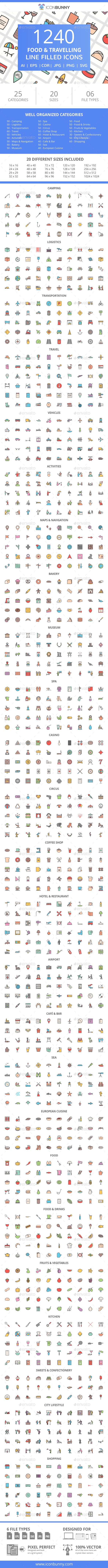 1240 Food & Travelling Filled Line Icons - Icons