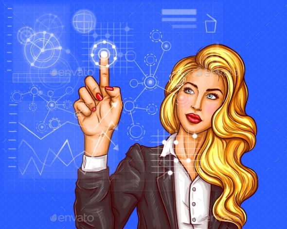 Business Woman Pressing on Virtual Holographic - Computers Technology