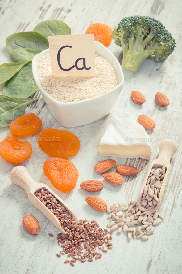 Vintage photo, Ingredients containing calcium and dietary fiber, healthy nutrition - Stock Photo - Images