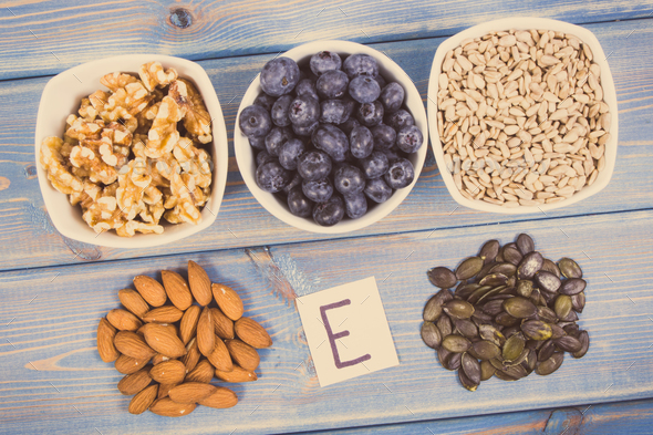 Products, ingredients containing vitamin E and dietary fiber - Stock Photo - Images