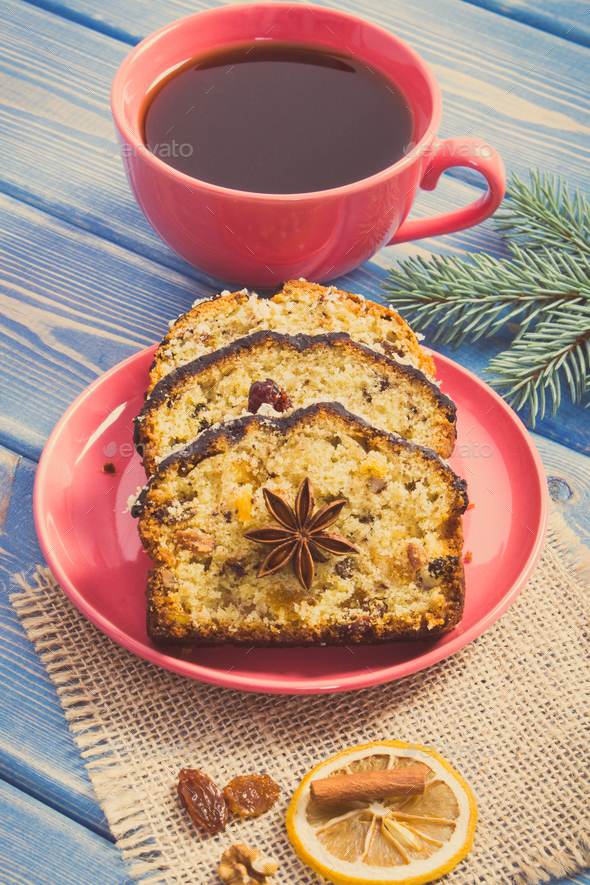 Vintage photo, Cup of coffee, fresh fruitcake for Christmas and spruce branches - Stock Photo - Images