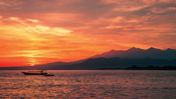 Dawn Above Volcano Rinjani To the Island Lombok with Boat in Indonesia alt