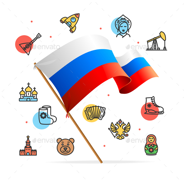 Russia Design Template Line Icon Concept and Flag - Travel Conceptual