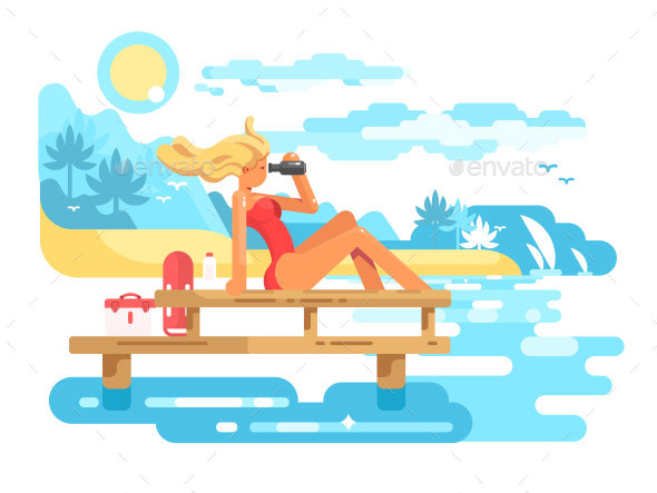 Woman Lifeguard Looking Through Binoculars - People Characters