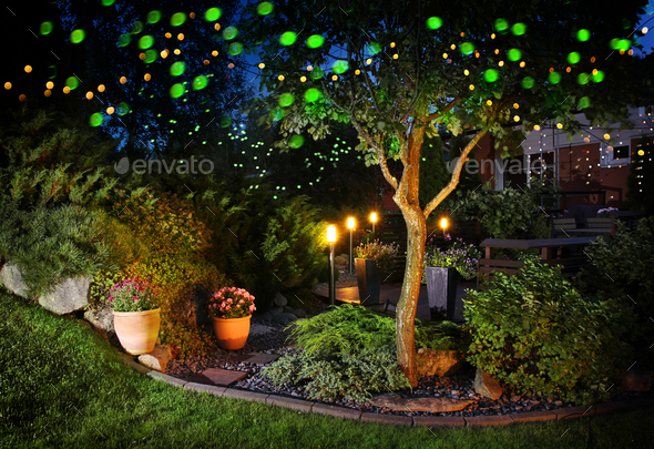 Home garden festive illumination lights Stock Photo by Anterovium | PhotoDune