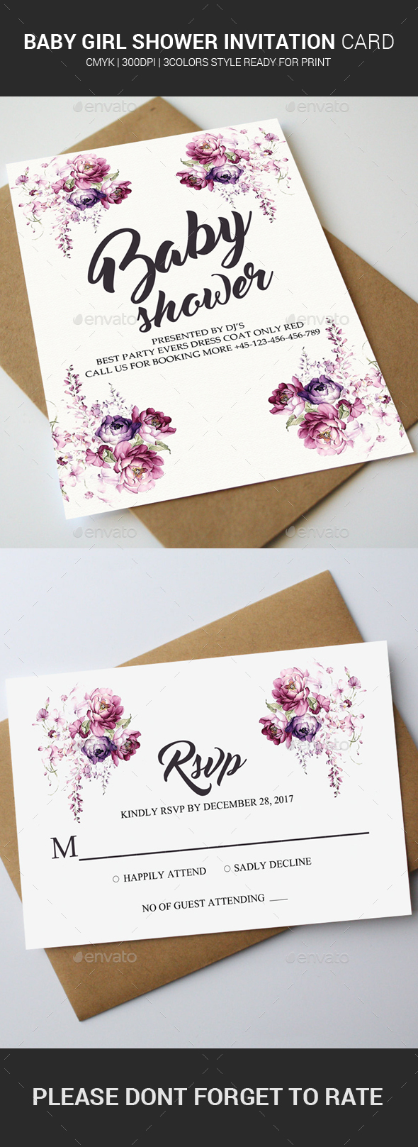 Baby Girl Shower Invitation Card - Cards & Invites Print Templates