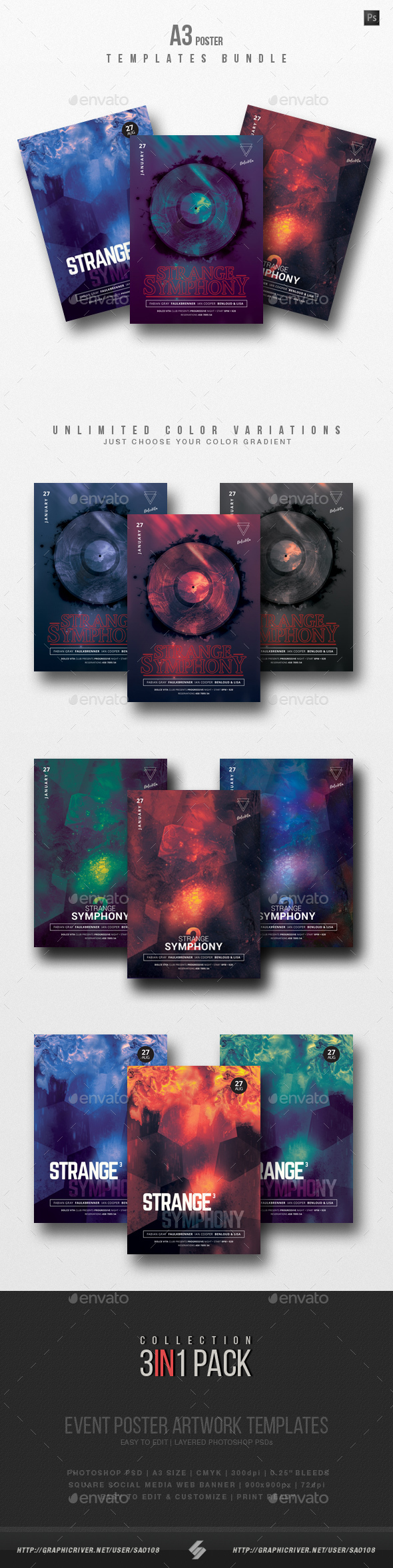 Strange Symphony Trilogy - Party Flyer / Poster Templates Bundle - Clubs & Parties Events