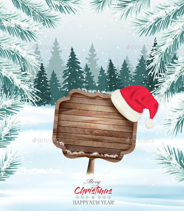 Holiday Christmas Background With Wooden Sign - Christmas Seasons/Holidays