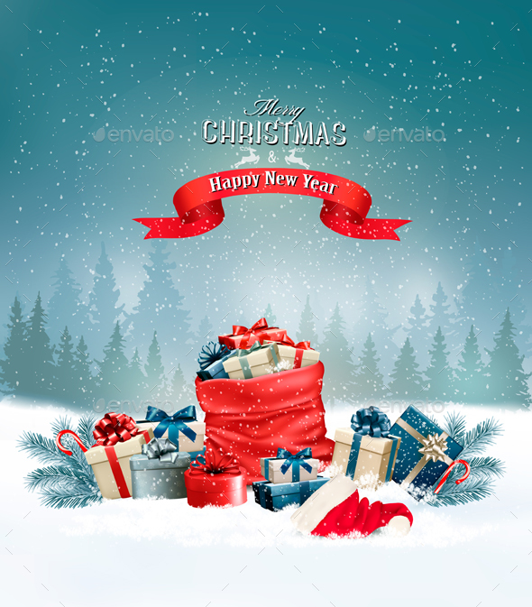 Holiday Christmas Background With a Sack Full of Gift Boxes - Christmas Seasons/Holidays