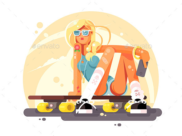 Girl Skateboarder Sits on Skateboard Design Flat - People Characters