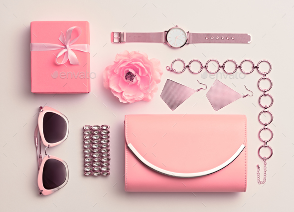Fashion. Woman Pink Accessories Set. Pastel Color