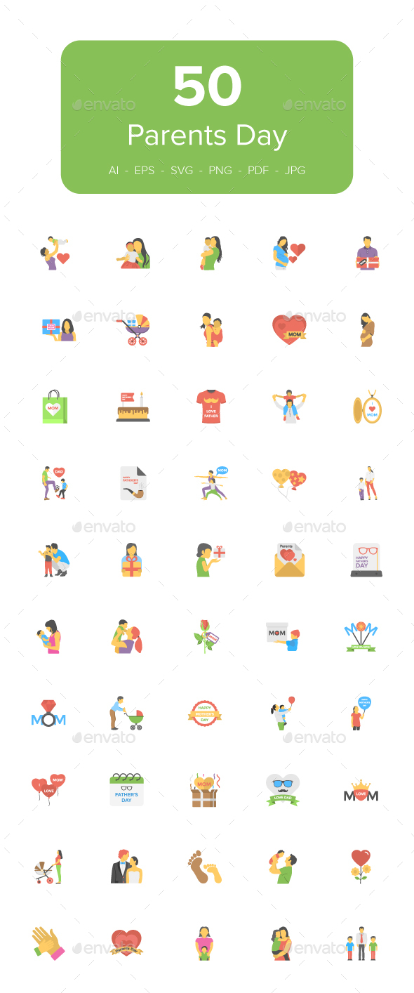 50 Flat Icons of Parents Day - Icons