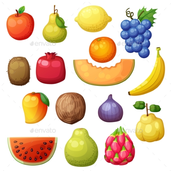 Cartoon Fruits Set Isolated on White Background - Food Objects
