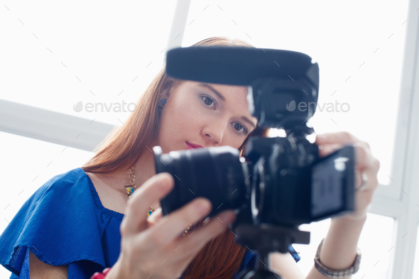 Woman Recording Vlog Video Blog Using DSLR Camera - Stock Photo - Images