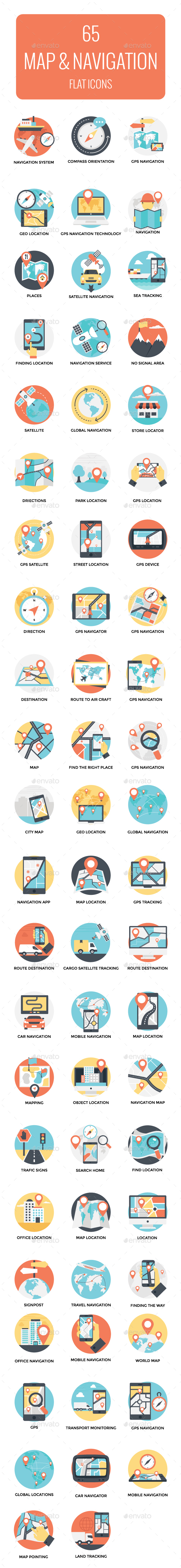 65 Flat Map and Navigation Icons - Icons