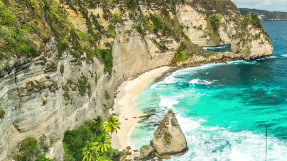 Rocky Coast in the Ocean with Big Waves at Atuh Beach on Nusa Penida Island, Indonesia alt