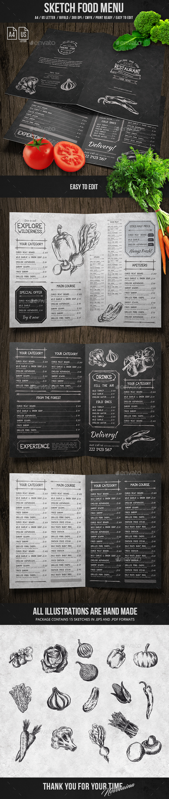 Sketch Bifold Menu - A4 and US Letter - Food Menus Print Templates