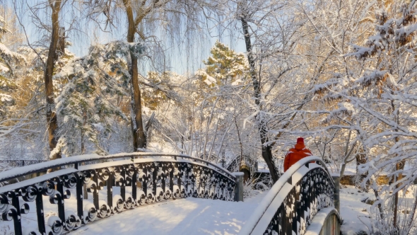 A Man Walks on a Snow-covered Bridge