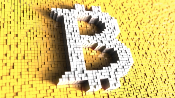 White Bitcoin Symbol Made of Big Pixels Against Yellow Background alt