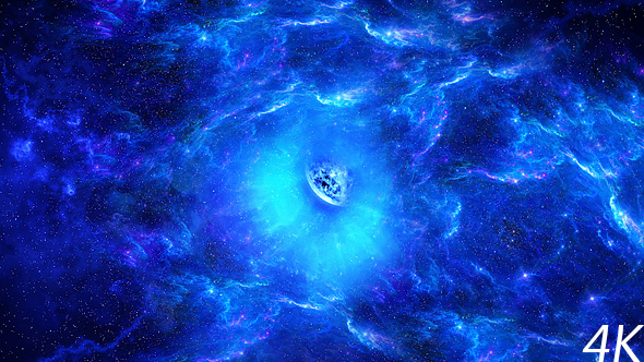 Flying Through Abstract Blue Space Tunnel of Nebulae to Big Blue Star