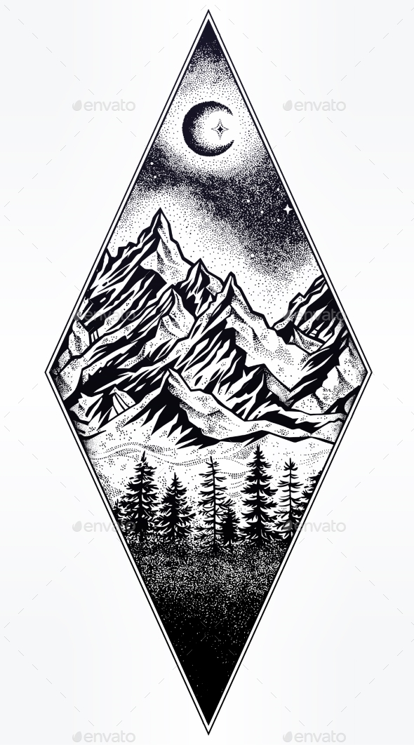 Hand Drawn Nature Night Sky Mountains Landscape. - Landscapes Nature