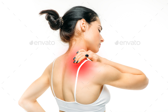 Joint pain, woman have problem with neck - Stock Photo - Images