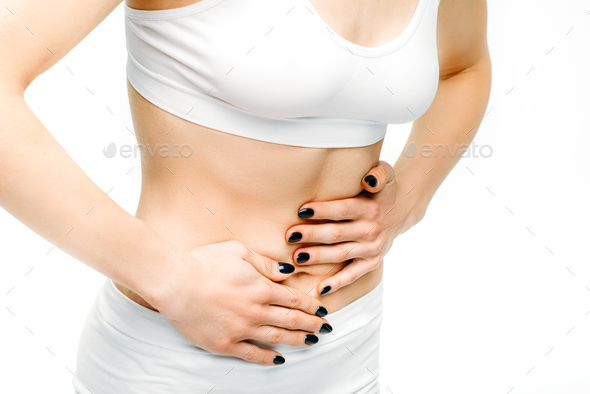 Abdominal pain, female person with stomach problem - Stock Photo - Images