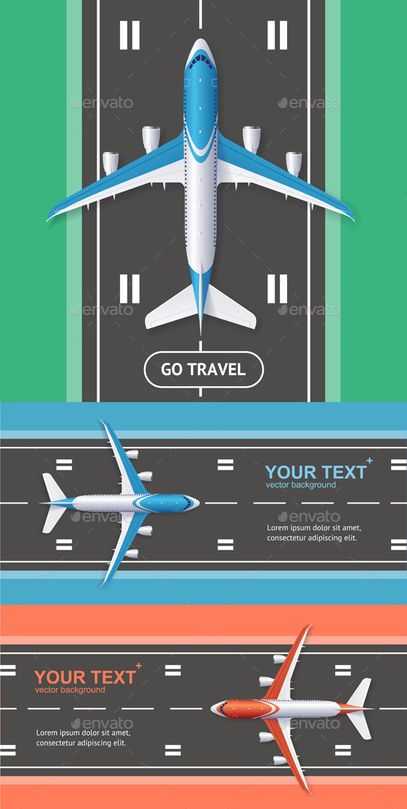 Airport Plane Runway Travel Concept Flyer Banners Posters Card Set. Vector - Travel Conceptual