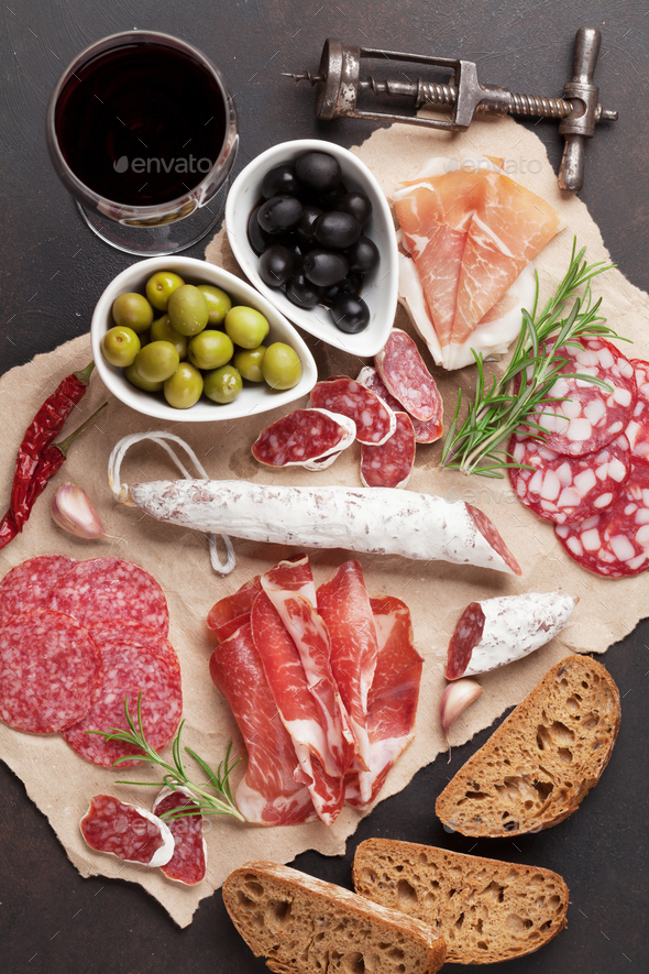 Salami, sausage, prosciutto and wine - Stock Photo - Images
