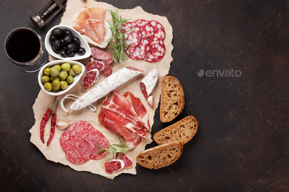 Salami, sausage, prosciutto and wine - Stock Photo - Images
