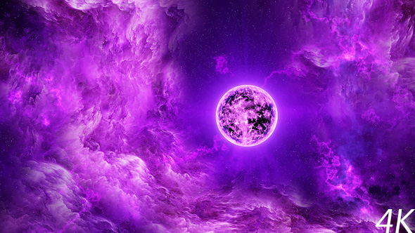 Travel Through Abstract Purple Space Nebula to the Big Purple Star
