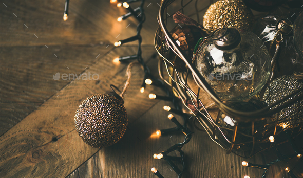 Christmas tree toy decoration balls and light garland, copy space - Stock Photo - Images