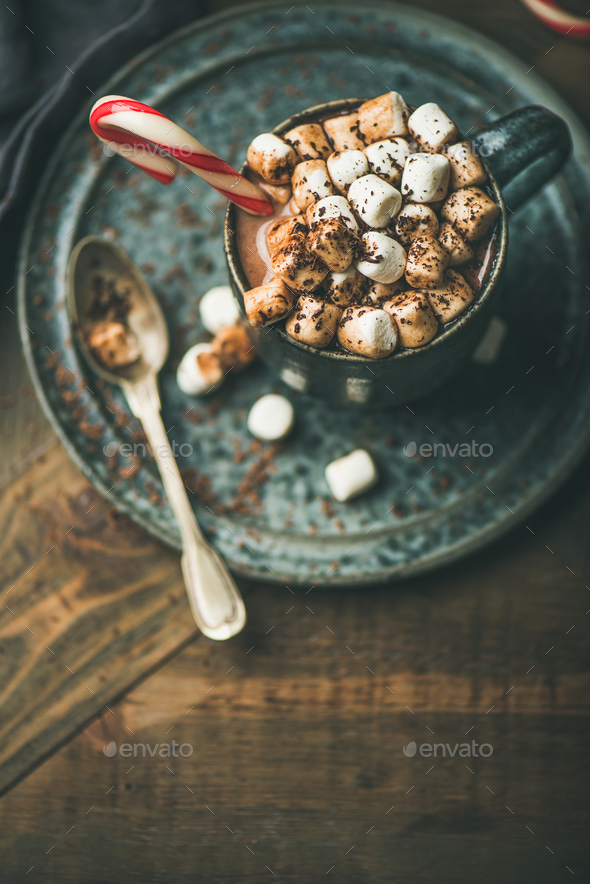 Christmas hot chocolate with marshmallows and candy cane, copy space - Stock Photo - Images