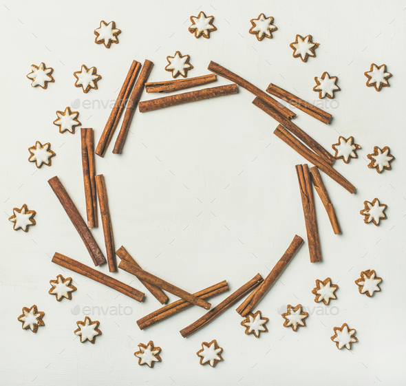 Christmas wreath made from cookies and cinnamon sticks, copy space - Stock Photo - Images