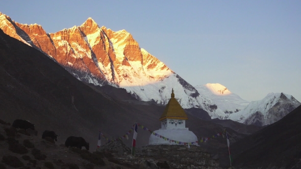 Buddhist Stupa on Mountain Trekking Path in Himalayas, Nepal. alt