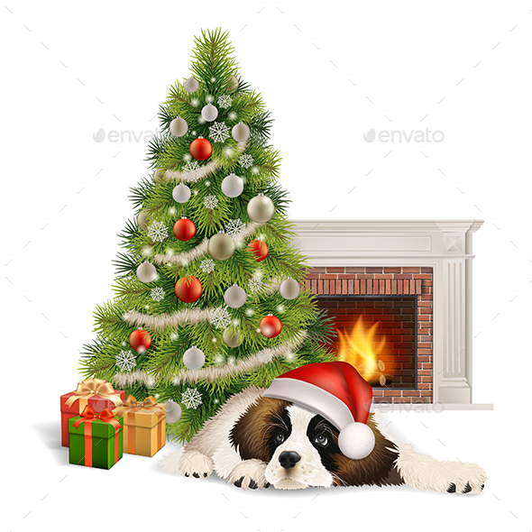 Christmas Tree Dog Fireplace - Christmas Seasons/Holidays