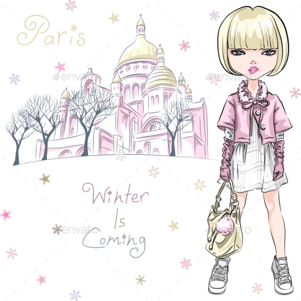 Vector Fashion Girl in Winter Clothes in Paris - Miscellaneous Vectors