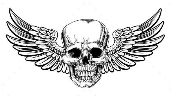 Winged Skull Vintage Woodcut Etched Style