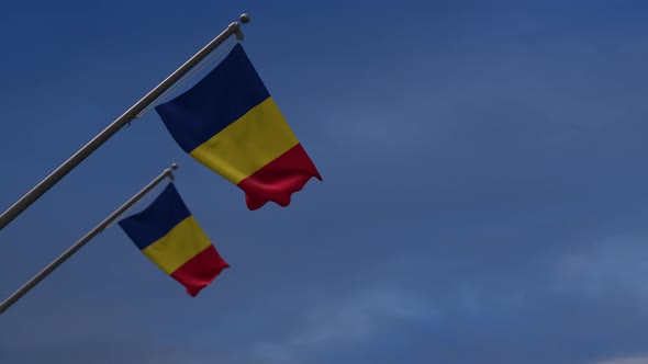 Romania  Flags In The Blue Sky - 4K