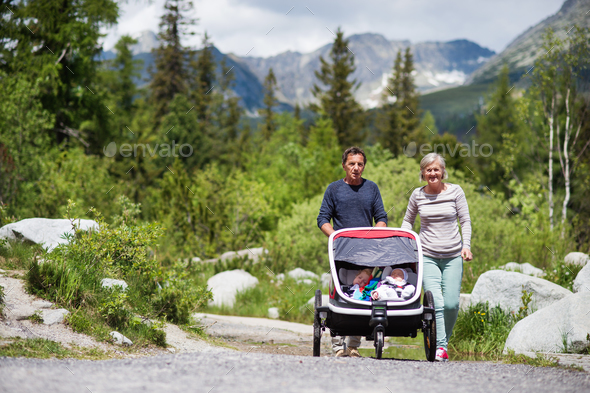 Senior couple and children in jogging stroller, summer day.