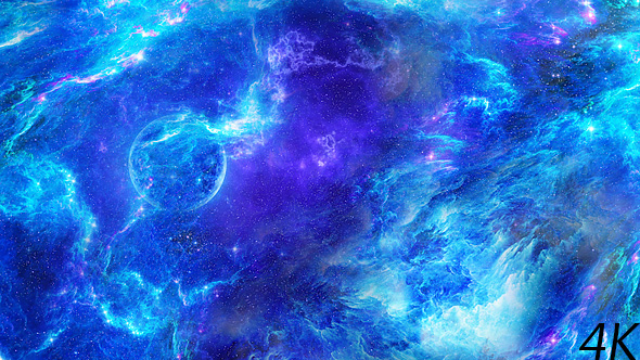 Journey Through Abstract Blue Space Nebula to the Big Blue Star