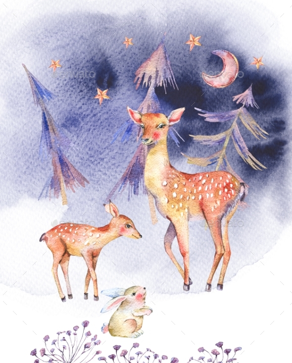 Watercolor Card with Cute Deer and Fawn