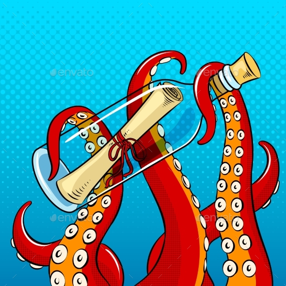 Octopus and Message in Bottle Pop Art Vector