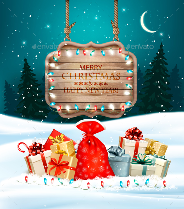 Christmas Holiday Background With Presents and Wooden Board - Christmas Seasons/Holidays