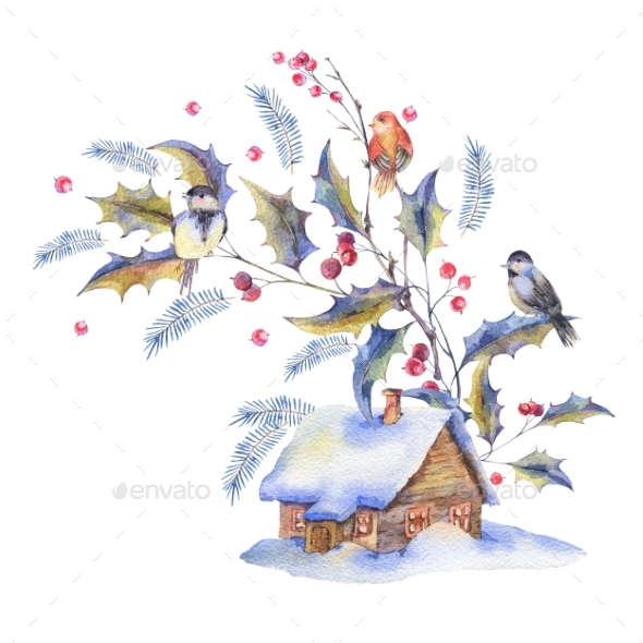 GraphicRiver Watercolor Christmas Greeting Card with Holly 21120373