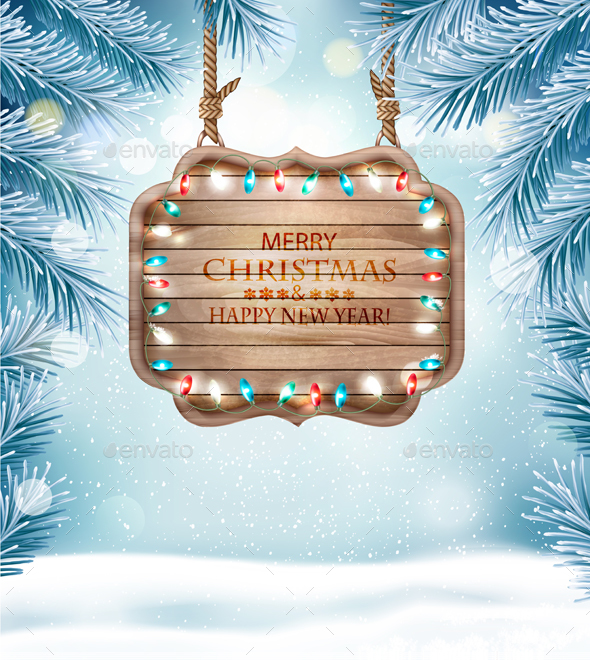 Merry Christmas Background with Branches and Wooden Board - Christmas Seasons/Holidays