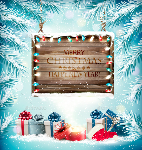 Christmas Holiday Background With Presents and Wooden Board - Christmas Seasons/Holidays