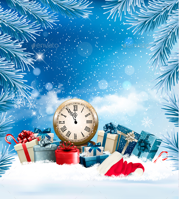Christmas Holiday Background and Presents with Clock - Christmas Seasons/Holidays