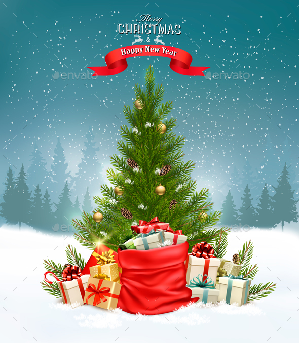 Christmas Holiday Background with Presents and Tree - Christmas Seasons/Holidays
