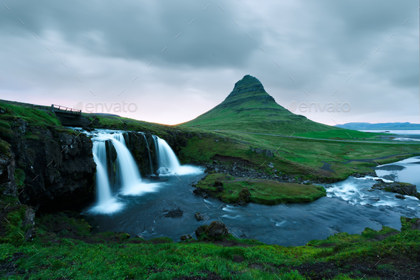 Colorful sunrise on Kirkjufellsfoss waterfall - Stock Photo - Images